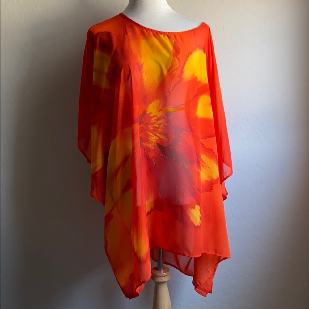 Susan Graver Sheer Top Tunic Coverup Orange Floral